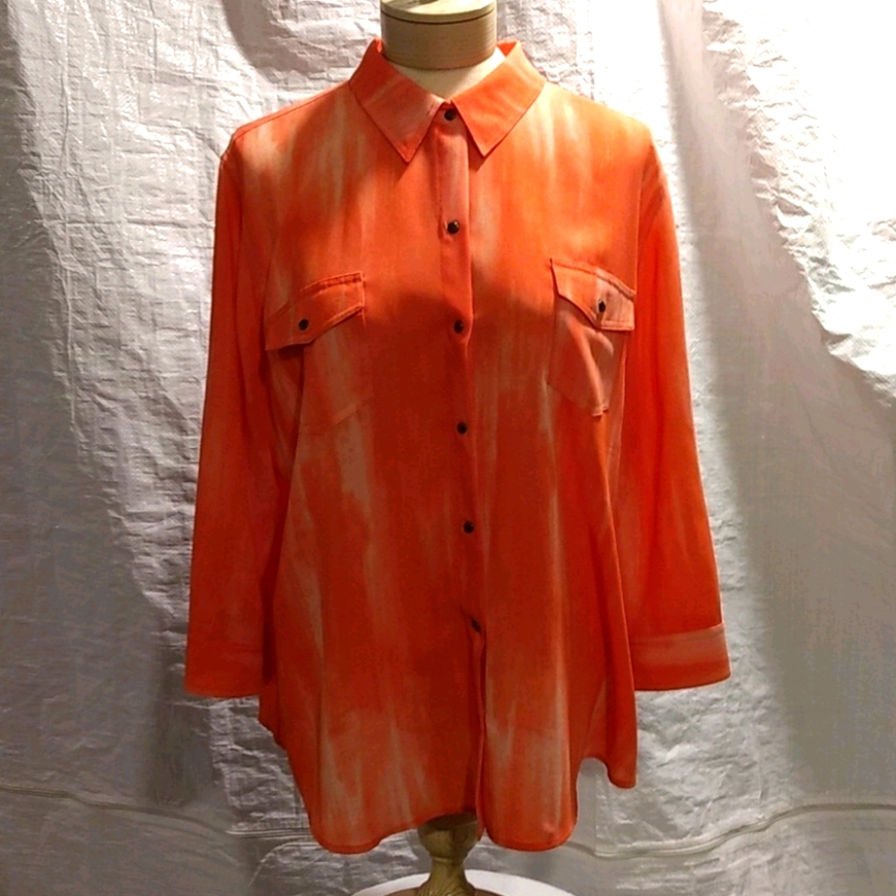 Coral and Cream Snap Front Blouse 3/4 Sleeve XL